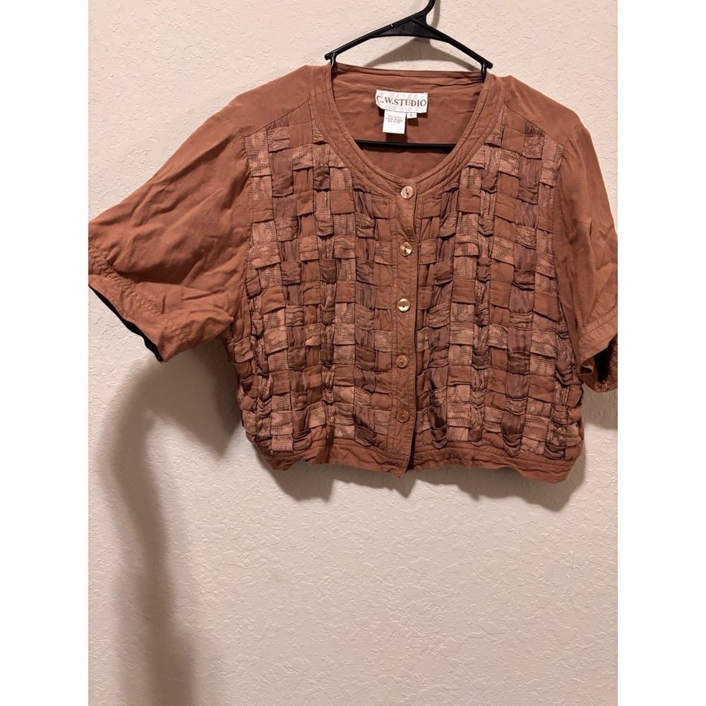 Y2K Whimsigoth Smocked Texture Button Crop Top Rust Brown Basketweave Shirt SZ L - Picture 9 of 14